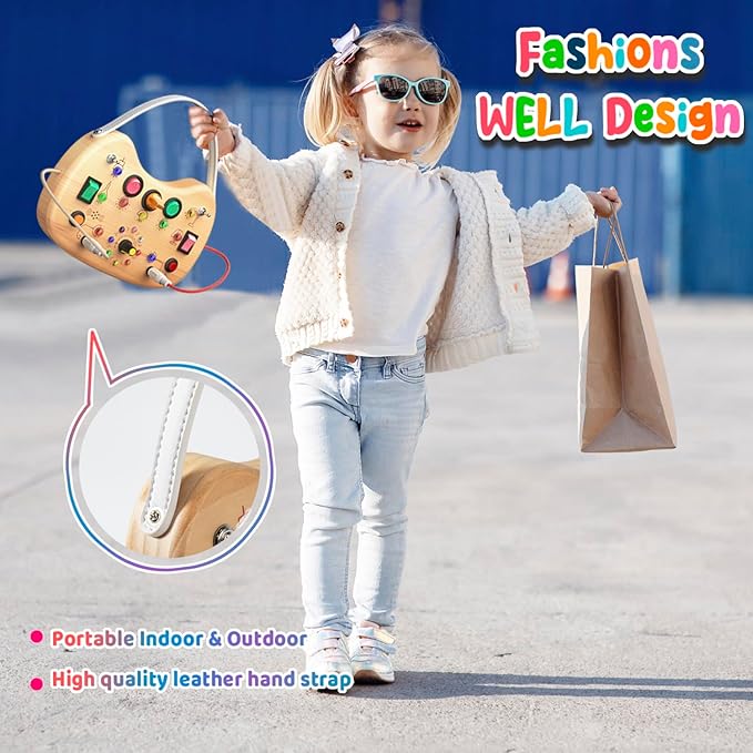 flycoost Montessori Busy Board with LED Light Switches,Toddler Toys for 1 2 3 Years Olds Wooden Activity Autism Baby Busy Board,Sensory Travel Toys for Toddlers 1-3 Years Old Boy&Girl Birthday Gift