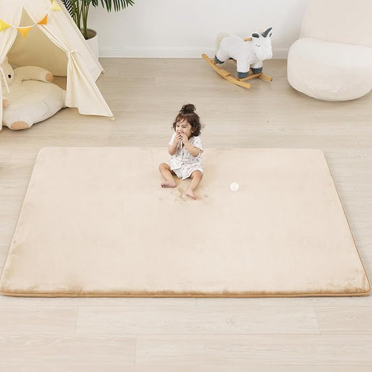 1.3" Thick Baby Floor Play Mat 59x71, Basic Padded Foam Mat for Tummy Time Crawling, Non Slip Cushioned for Babies Toddlers Infants Kids (Beige)