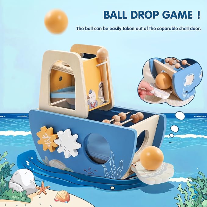 Promise Babe 5-in-1 Baby Wooden Activity Cube, Sea Ocean Montessori Toddler Toys for 1+ Year Old Boys Girls Gifts, Educational Learning Boat Toys for 1st Birthday Gifts for Kids
