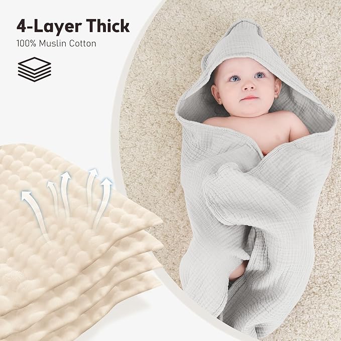 Susurration 2 Pack Thick Muslin Baby Towels, 100% Cotton Soft and Absorbent Baby Bath Hooded Towel for Newborn, Infant, Girls, Boys, Baby Essentials
