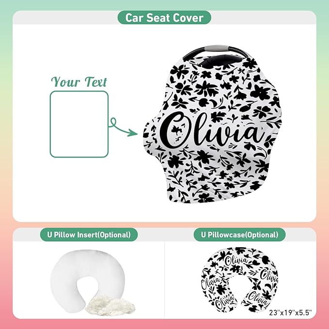 Custom Car Seat Covers for Babies - Breathable Baby Car Seat Cover for Girls Boys, Kick-Proof Newborn Carrier Canopy Stretchy Stroller Cover for 4 Seasons Black Flower Pattern