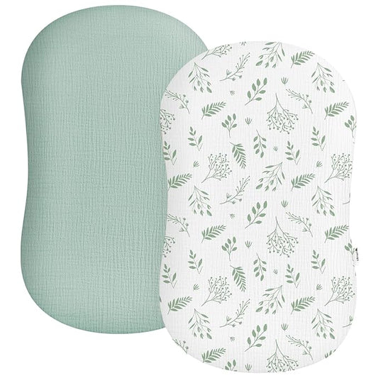 Muslin Baby Lounger Cover 2 Pack, Soft Breathable Newborn Lounger Pillow Cover for Boys Girls Infant (Leaf C & Sage)