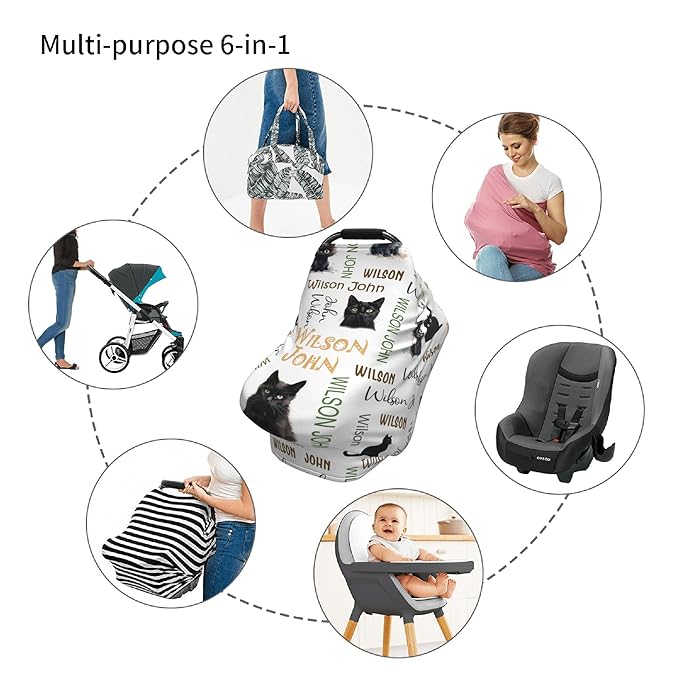 Personalized Car Seat Covers with Name, Cat Baby Canopy Carrier Cover, Breathable Breastfeeding Nursing Cover, Stretchy Multi-Use Infant Carseat Stroller Cover