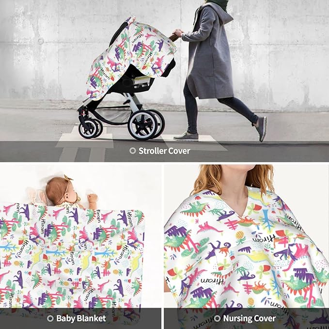Personalized Dinosaur Baby Car Seat Cover for Boys, Customized Baby Name Carseat Covers, Opening Nursing Cover Breastfeeding Scarf for Infant, Stroller Canopy Carseat Canopies for Newborn