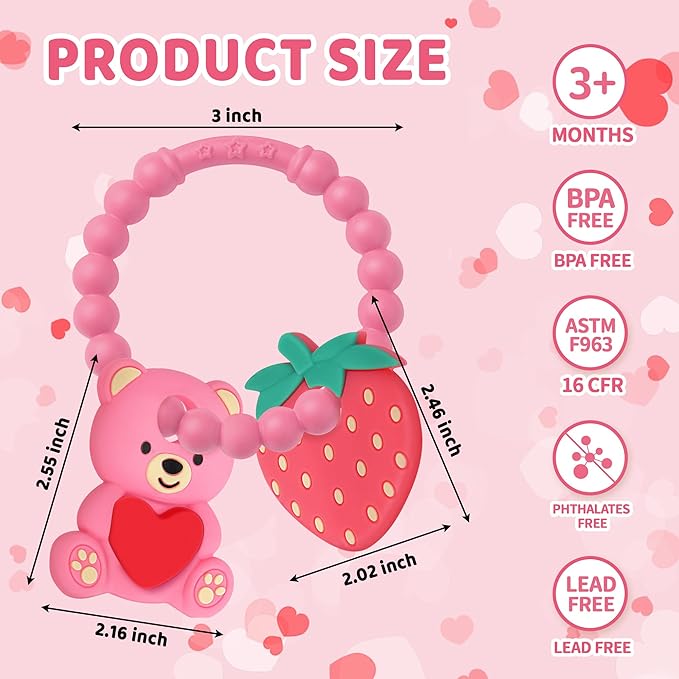 Baby Teething Toys, Baby Valentines Day Gifts, Valentines Gifts for Toddlers, Baby's Valentine Teether Toys with Heart Shape for Infants 3-12 Months Baby's First Valentine's Day Gift for Boys & Girls
