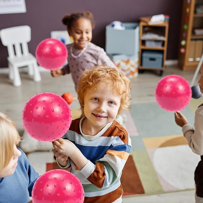 12PCS Bouncy Balls for Kids Toddlers, 7 Inch Sensory Balls Spiky Massage Stress Ball Bulk with Air Pump, Indoor Outdoor Sports Sensory Toys & Party Favors(Pink)