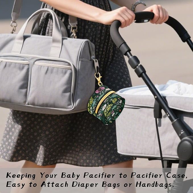Pacifier Holder with Clip Pacifier Case for Diaper Bag Round Baby Pacifier Pouch Box Bag Portable Dark Green Turtles and Cute Flowers