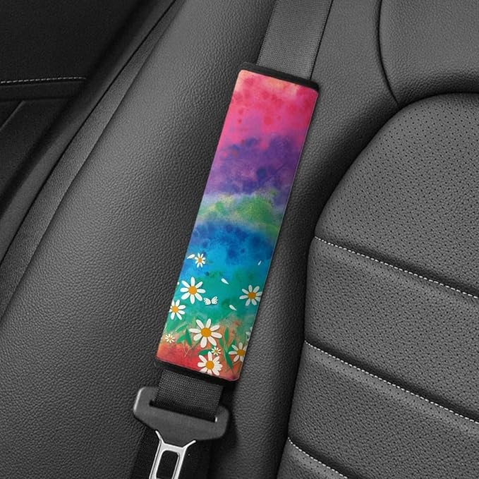 AFPANQZ Pretty Daisy Floral Car Seat Belt Covers Pads Set of 2 Piece Strap Shoulder Cushion Car Accessories Safety Seatbelt Cushion Pillow Universal Fit Bag Straps Pads for Kids Boys Girls Colorful