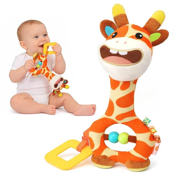 Baby Toy 0-12 Months - BPA-Free Soft Plush Sensory Toy with Gentle Squeaker, Safe Hand Grip & Teething Relief, Portable Newborn Toy for Diaper Bag, Baby Shower Gift (Orange Giraffe)