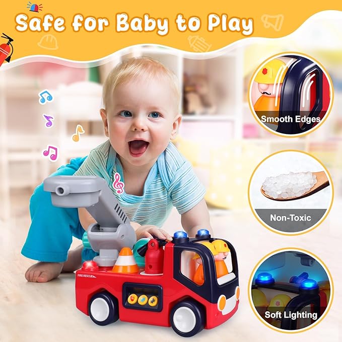 Yunaking Fire Truck Toys for 2 Year Old Boys Girls Montessori Early Educational Learning Toy with Firefighting Tools Baby Push Cars for 2 3 Year Old Boy Birthday Gifts with Sound Lights Effect