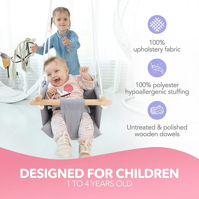 CaTeam - Canvas Baby Swing, Wooden Hanging Swing Seat Chair with Safety Belt, Durable Baby Swing Chair, Outdoor and Indoor Swing for Kids, Mounting Hardware Included, Taupe Gray