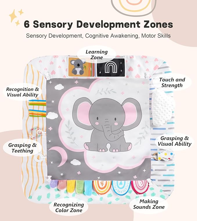 Baby Play Mat Activity Gym, 6 Developmental Zones Tummy Time Mat, 6 Detachable Sensory Toys and Educational Cards, Essential Baby Shower Set, Pink Elephant