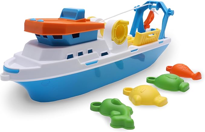 Toyland® 40cm (16") Colourful Fishing Boat with Moveable Doors, Fishing Hook & 4 Plastic Fish - Kids Floating Water Toy - Pool & Bathtime Toys - 3 Years+