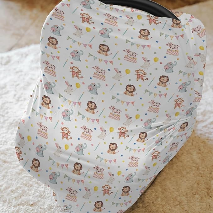 Cute Circus Animals Car Seat Cover for Babies Monkey Elephant Lion Rabbit Pig Stretchy 5-in-1 Cover Adjustable Car Canopy Breastfeeding Cover Colorful Zoo Animals Breathable Nursing Cover-Up
