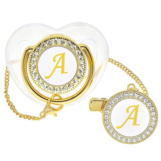 Bling Personalized Baby Pacifier with Pacifier Clips and Anti-dust Cover A-Z 26 Letters(Gold Transparent,A)