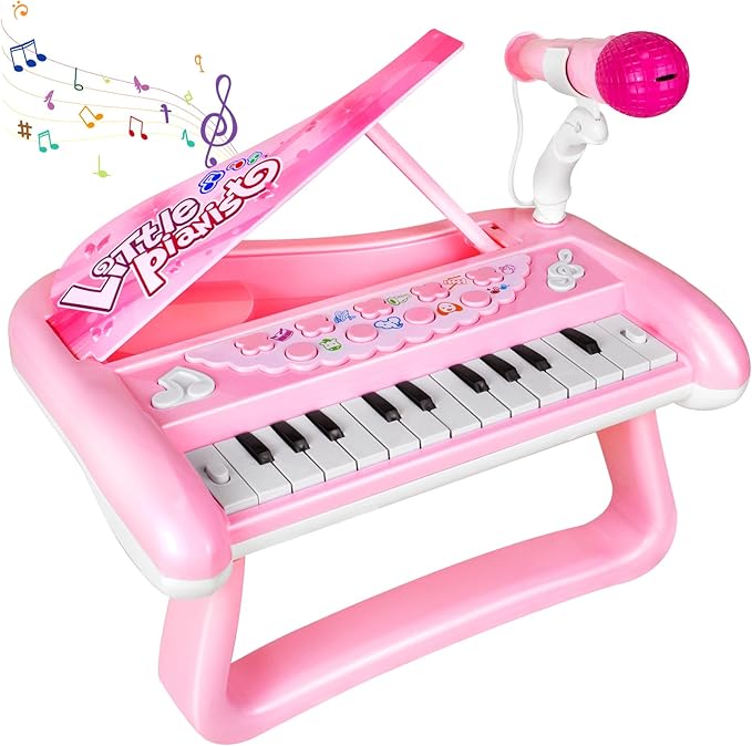 Baby Piano Music Toy, 22 Key Pink Piano Toys for 2 3 Years Old Girls, Baby Toddler Kids Musical Keyboard Toy with Microphone First Birthday Gift for Girls