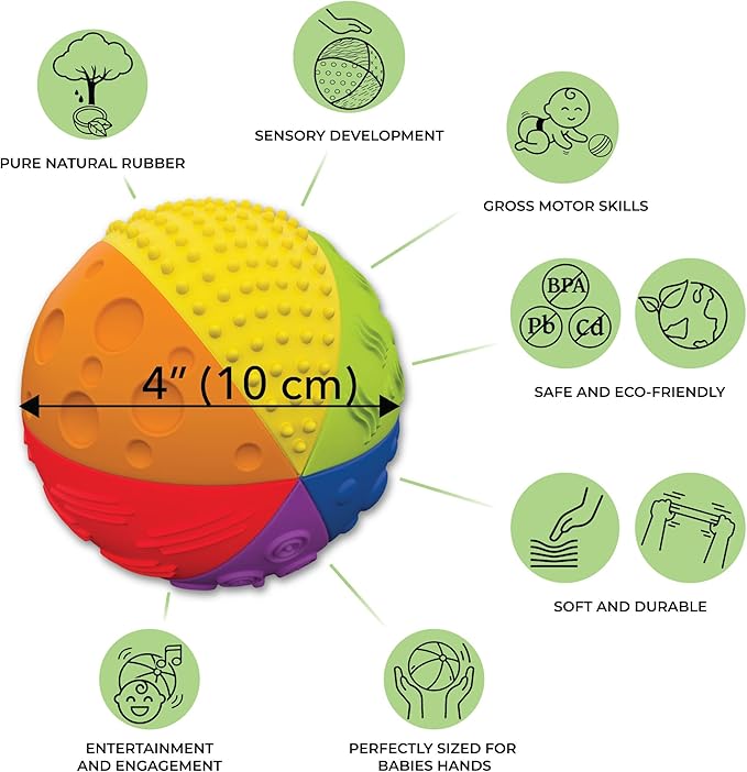 caaocho Pure Natural Rubber Sensory Ball Rainbow 4" - All Natural Sensory Toy, Promotes Sensory Development, Rainbow Colors, Perfect Bouncer, Gentle Squeaking, BPA Free, PVC Free, Food-Grade Paint