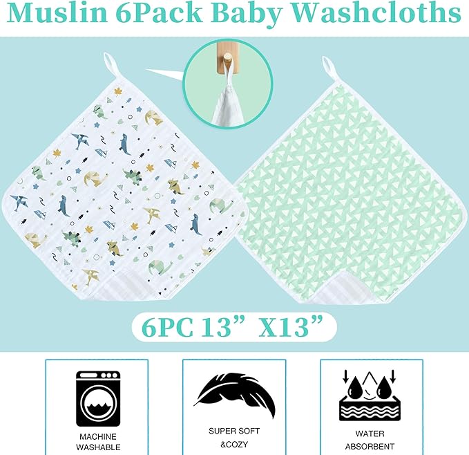 VOOVA & MOVAS 6 Pack 100% Muslin Cotton Baby Washcloths with Handing Loop | 13x13 Inches | Highly Absorbent | Ultra-Soft Newborn Burp Cloths | Perfect Set |Triangle & Dino Patten