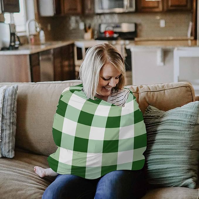 Green White Plaid Car Seat Covers for Babies, Buffalo Checkered Lattice Geometric Nursing Breastfeeding Covers Stretchy Breathable Baby Carseat Canopy Cover for Girls and Boys Shower Gifts