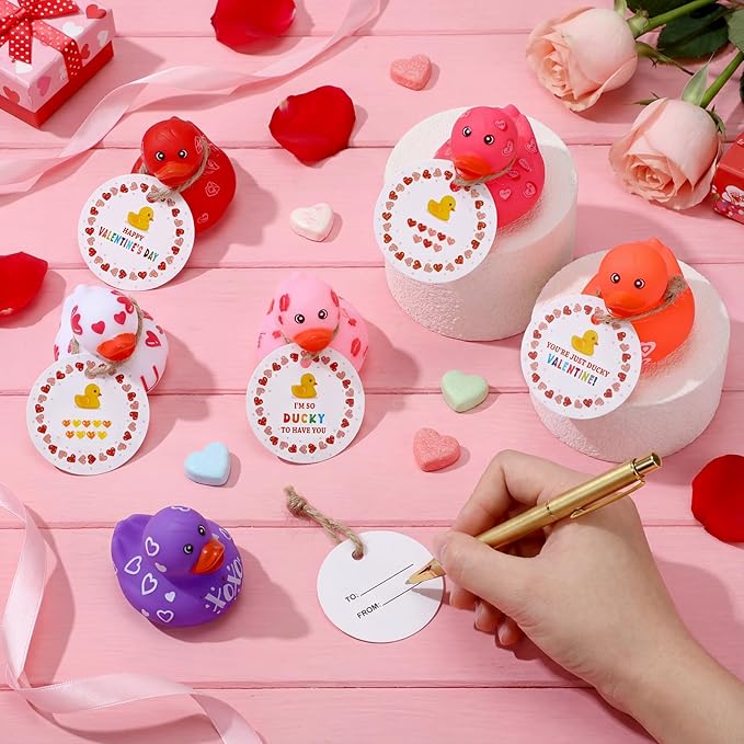 Jerify 12 Pcs 2 Inch Valentines Ducks for Kids Classroom Exchange Gifts Valentine's Day Rubber Ducks with Gifts Cards Mini Heart Rubber Duckies Valentines Party Favors Toys, 6 Styles (Novel)