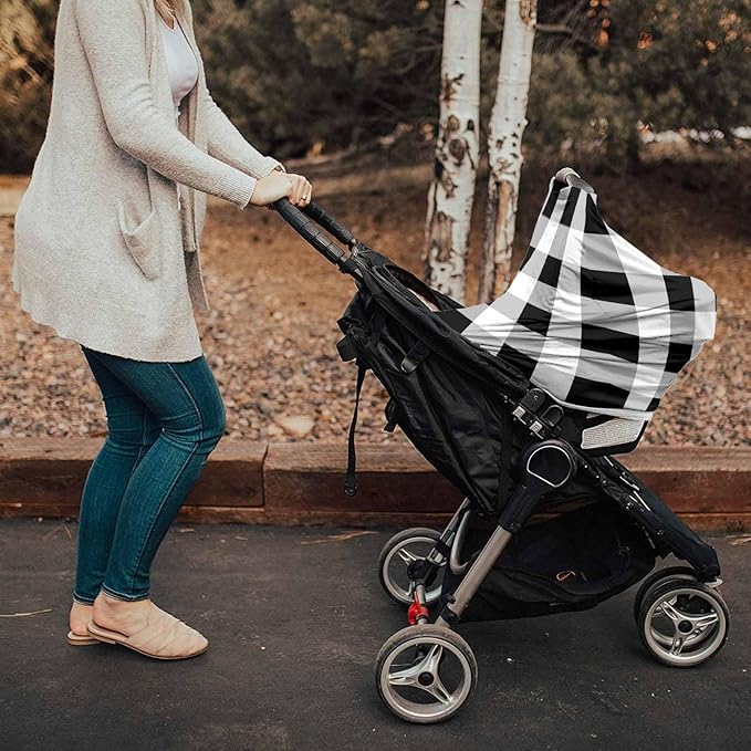 Black White Car Seat Covers for Babies, Buffalo Plaid Grey Check Lattice Geometric Nursing Breastfeeding Covers Stretchy Breathable Baby Carseat Canopy Cover for Girls and Boys Shower Gifts