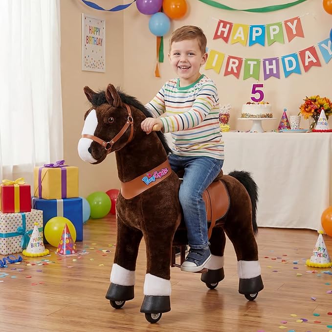 PonyCycle Ride on Horse Toy Walking Rocking Horses Classic Model U (with Brake/ 36" Height/Size 4 for Age 4-7 Boy Gifts) Ride Horse Giddy up Pony Animal Toys Chocolate Brown Ux421