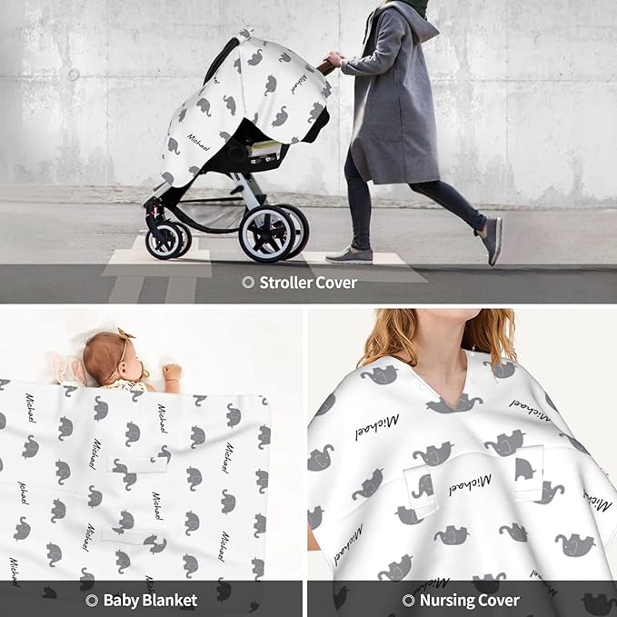 Personalized Cartoon Elephant Baby Infant Car Seats Canopy for Babies with Name, Custom Lightweight Covers for Baby Boys Girls, Minky Nursing Breastfeeding Stroller Canopies for Newborn