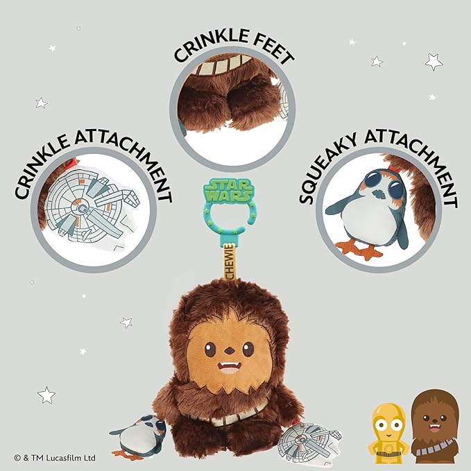 Kids Preferred Star Wars Chewbacca On the Go Activity Toy - with Rattle, Crinkle, Squeaker, Teether, Travel Clip, Sensory Toy, for Ages 0+