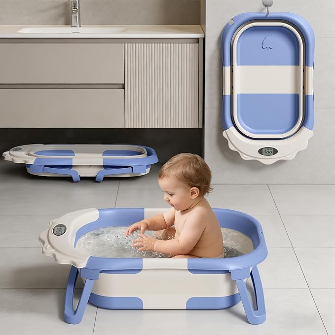TPN 4-in-1 Grow-with-Me Collapsible Baby Bathtub, Baby Tub for Newborns to Toddler with Soft Floating Cushion & Thermometer, Portable Baby Bath Tub, Infant Bathtub for Bath Support in Tub,Blue