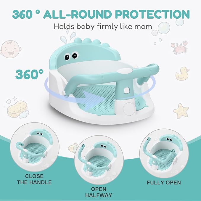 Baby Bath Seat for Babies 6 Months & Up Sitting Up | 360° Stable Toddler Bath Chair with One-Touch Button | Baby Bath Tub Seat with Suction Cups | Open Design, Compact, Detachable, Non-Slip(Green)