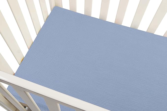 Onacosht Muslin Crib Sheets for Boys Girls, Soft Breathable 100% Cotton Baby Fitted Sheet 52" x 28" for Standard Toddler Crib Mattress, 2 Pack, Car and Solid Blue
