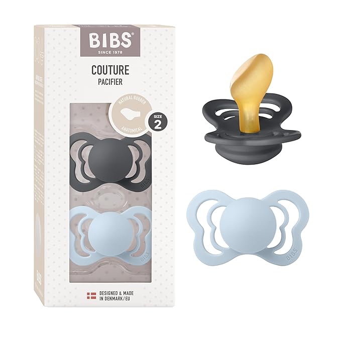 BIBS Pacifiers - Couture Collection | BPA-Free Baby Pacifier | Made in Denmark | Set of 2 Iron/Baby Blue Color Premium Soothers | Size 6-18 Months