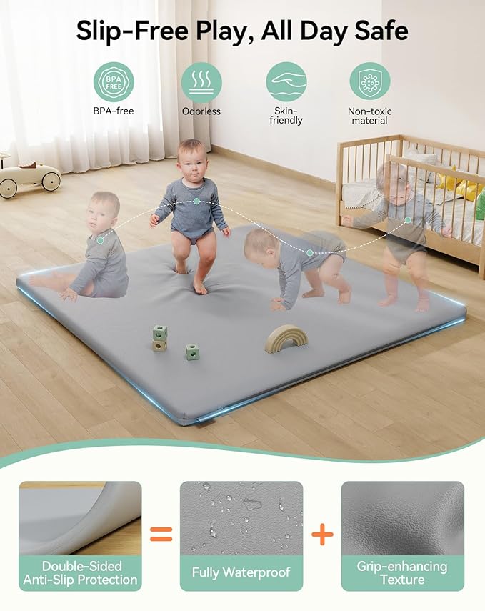 COMOMY Vegan Leather Baby Play Mats for Floor, 50 x 50 Play Mat for Playpen, Thickened High-Density Foam Playmats for Babies and Toddlers - Extra Soft and Resilient, Easy to Wipe Clean, Light Gray