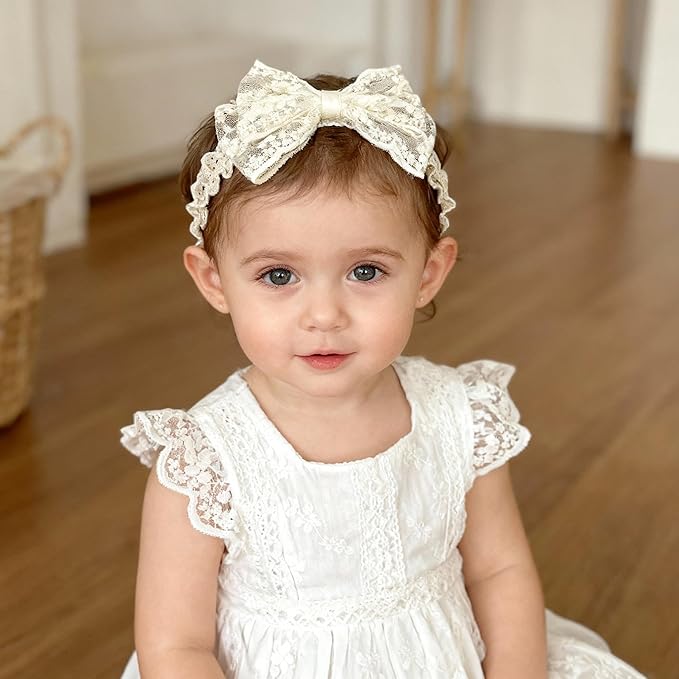 Handmade Baby Girl Headbands in Beige Baby Bows and Floral Lace Headband Bows for Newborns and Toddlers Cute Baby Girl Bows and Newborn Headband Bows