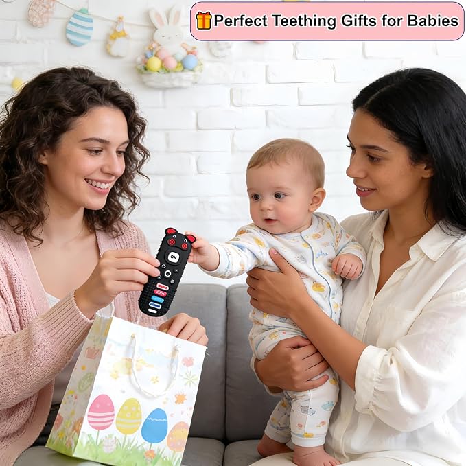 2Pcs Baby Teething Toys, BPA-Free Food Grade Silicone Baby Remote Control Teething Toy for 3-18 Months, Teething Relief Baby Toys, Teething Relief Newborn TV Remote Shaped Toy (Balck&Pig Black)