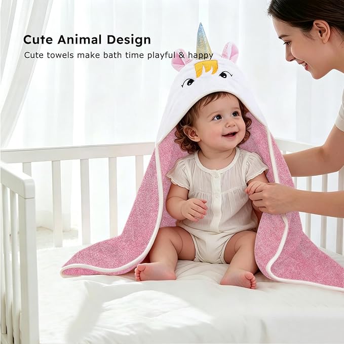 Baby Bath Towels Girl Bath Towel, 34“”x34” Lightweight & Comfy Baby Bath Hooded Towels for Girls,Cute Animal Beach Travel Bath Towels Newborn Infant Toddlers (Pink)