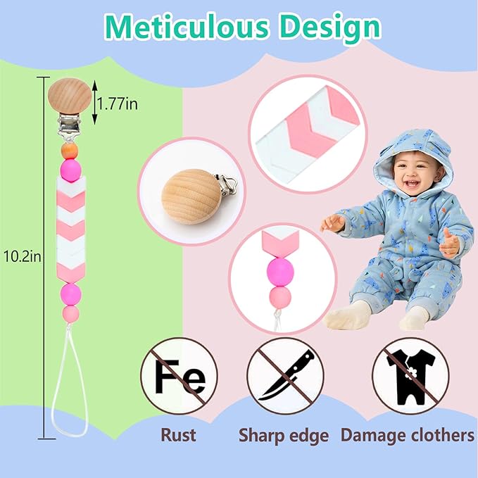 Silicone Pacifier Clips Baby Girl,Crib Pacifier Catcher Keeps Pacifiers, Teethers & Small Toys in Place-Pink
