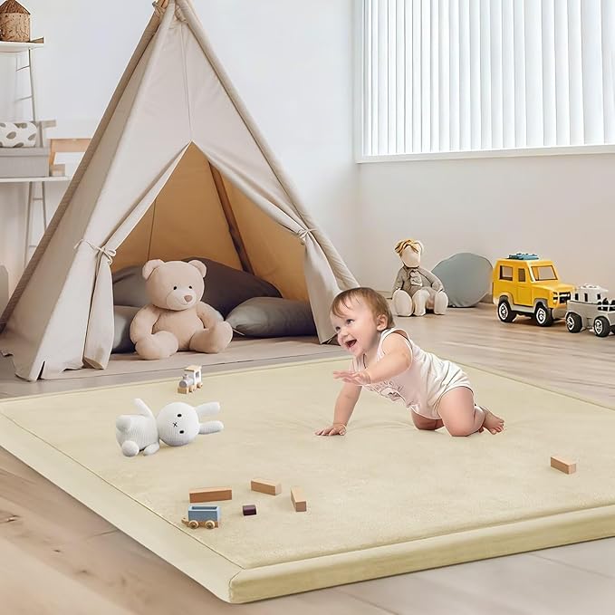 Baby Play Mat for Floor Nursery Rug Muscle Mat Area Rug Playroom Rug 47"x47" Playpen Mat Memory Foam 1.3" Thick Crawling Mat for Babies,Toddlers, Infants, Kids,Light Beige