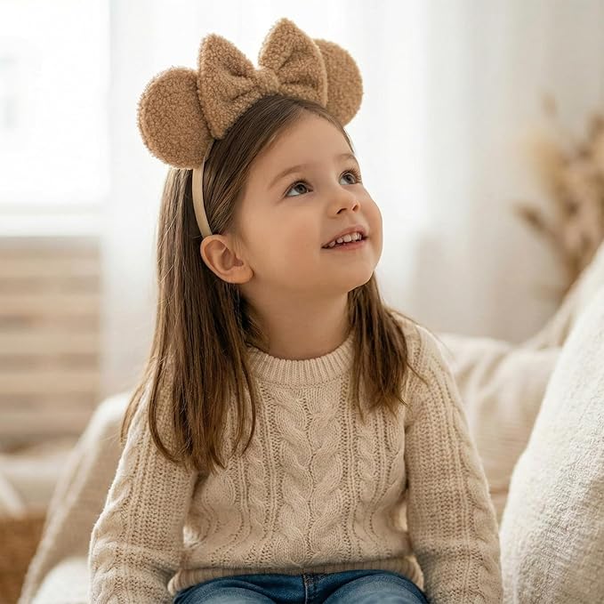 Wool Fleece Mouse Ears Headband, Adjustable Hair Bow Hairband Fluffy Headwear for Infant Toddler Baby Gilrs