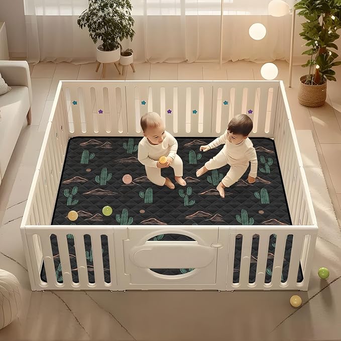 Baby Play Mat Cactus Plant and Mountain Black 50 x 50 Playpen Mat Baby Play Mats for Floor Play Gym Crawling Mat Non-Slip Cushioned Baby Playmat for Infants, Babies, Toddlers