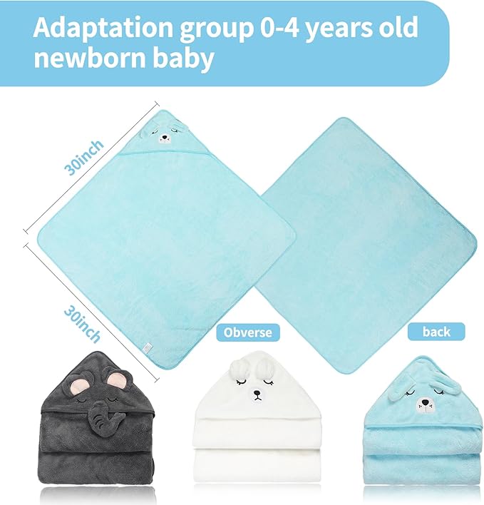 VZZNN 3 Pack Baby Towels Hooded - Ultra Soft Baby Bath Towels, Newborn Baby Essentials, Premium Absorbentand Hypoallergenic Towels for Toddler Baby Boy and Girl (White, Blue, Gray)