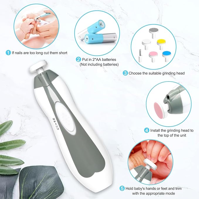 Baby Nail Trimmer Electric, 6 in 1 Baby Nail File Clippers Infant Grooming Kit Manicure Set for Toddler or Adults, Grey
