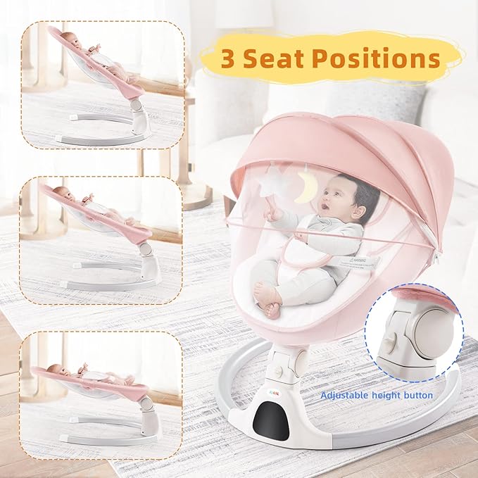 Jaoul Baby Swing for Infants - Electric Portable Newborn Bouncer, Timing Function, 5 Speeds, 3 Seat Positions for Boys and Girls (Pink)