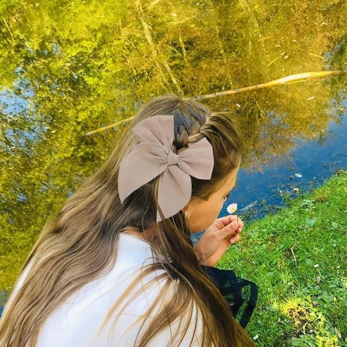 12 PCS Large Fable Bow Hair Clip for Little Girl Kids Linen Velvet Hair Bows Barrettes Alligator Clips Baby Mom Women Hair Accessories (Linen 12 PCS)