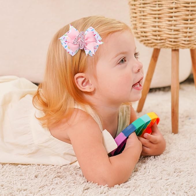 Birthday Hair Bow Hair Clips for Girls 1 2 3 4 5 6 Years, Baby Girl Accessories Bow Birthday Decorations, Pink Baby Girls Ice Cream Hair Bows Clips for 4th
