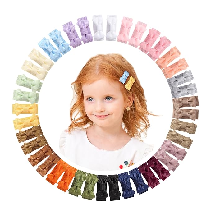 YHXX YLEN 40PCS Mini Snap Clips Grosgrain Ribbon Hair Bows Clips Tiny 1.4 Inch Baby Girl Hair Clips for Baby Toddlers Infants' Fine Thin Hair
