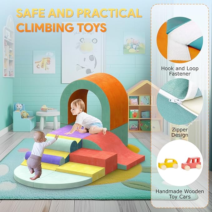 Foam Climbing Blocks for Toddlers, 12 PCS Colourful Toddler Climbing Toys Indoor, Soft Play Set with Toy Car, Flexible Crawling and Sliding Climbing Blocks