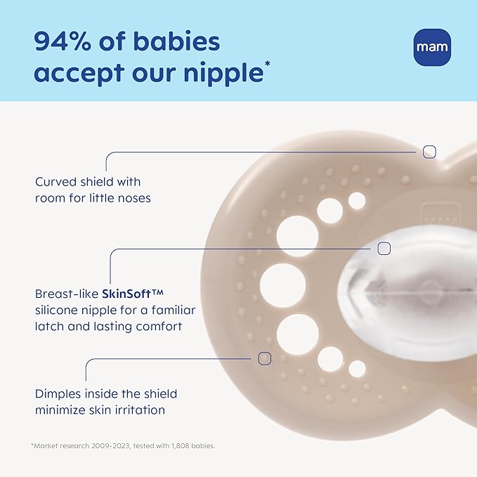 MAM Original Baby Pacifiers 6-16 Months, Binky for Newborn Babies, BPA-Free Skin Soft Silicone Nipple, Glows in The Dark, Developed with Medical Experts, 4 Count, Made in Europe