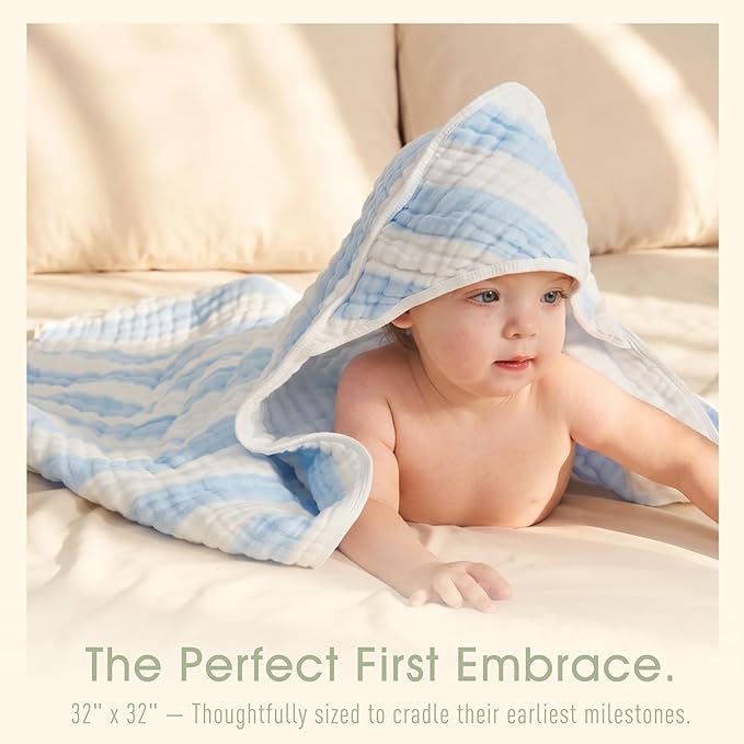 Muslin Hooded Baby Towel 4 Pack, 100% Organic Premium Cotton, (2) 6-Layer 32x32 Bath Towels & (2) Washcloths, Soft Newborn & Infant Gift Set (Blue Stripe & White)
