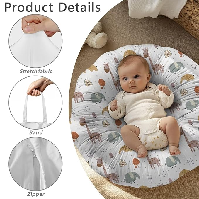 Cartoon Elephant and Giraffes Newborn Lounger Cover Removable Soft Comfortable Slipcover for Infant Lounger Pillow Cover Breathable and Washable